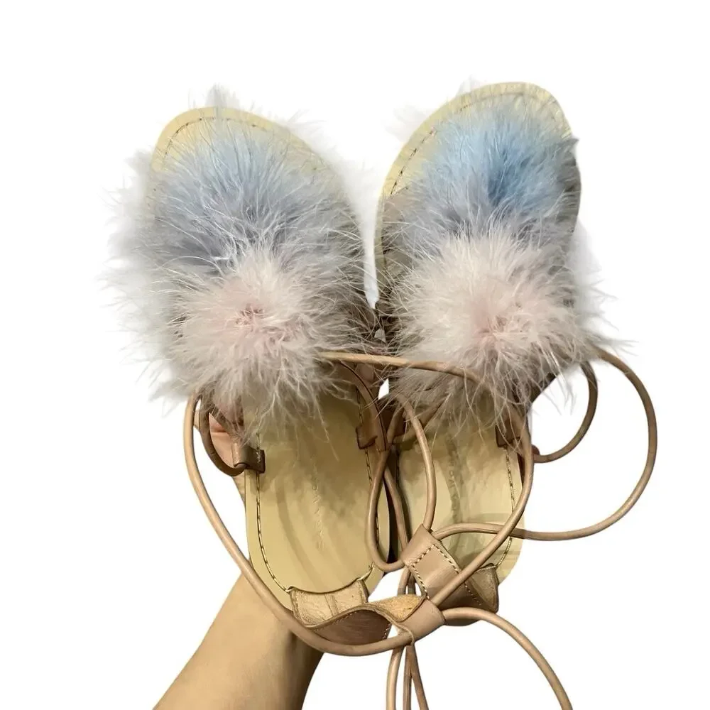 Zara Feather Gladiator Sandals 36EU/6US Tan Multi Lace Up Ankle Strap Boho Flat - Picture 6 of 9